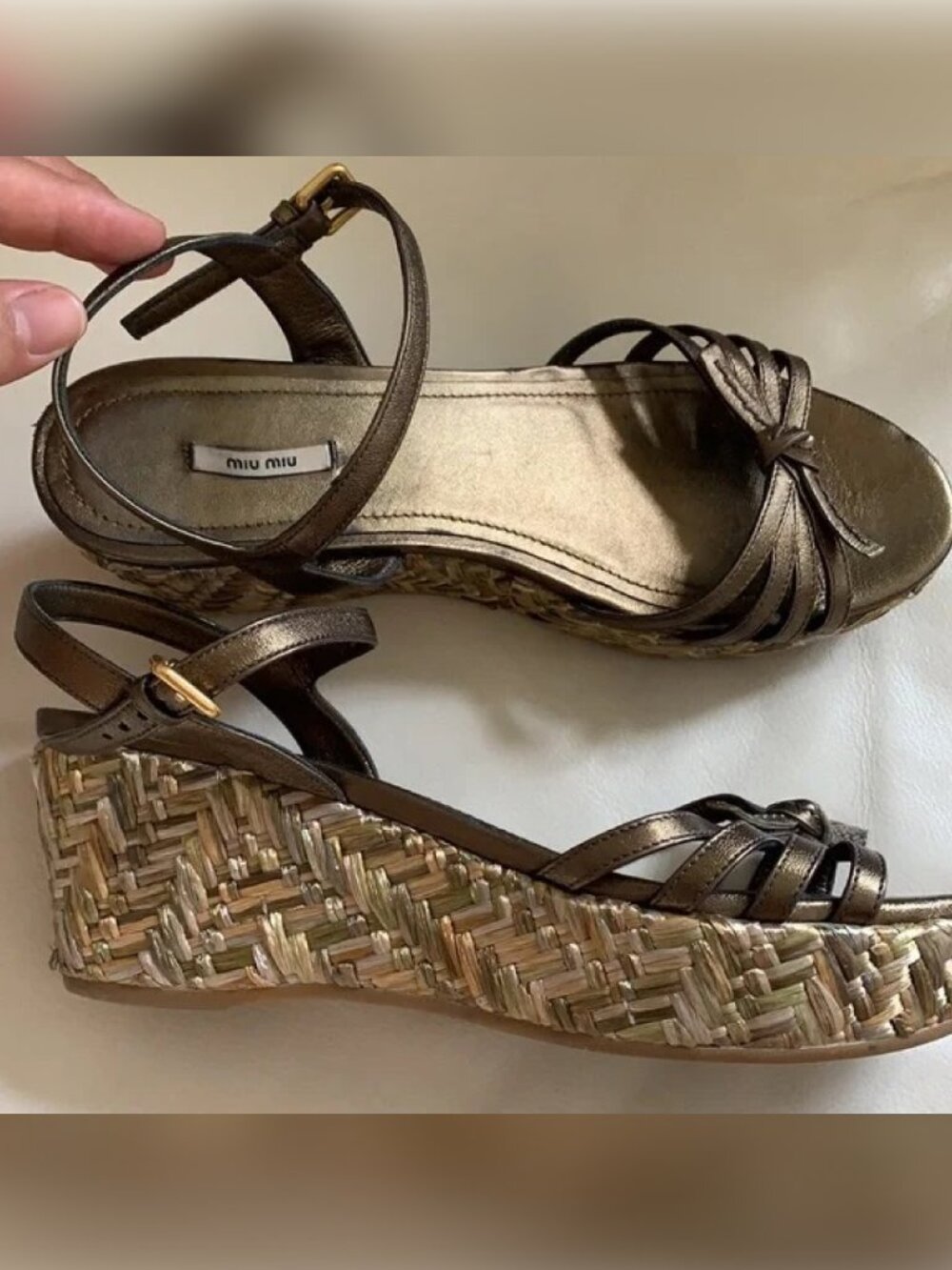 Vintage Miu Miu leather & raffia platform sandals in metallic sage green